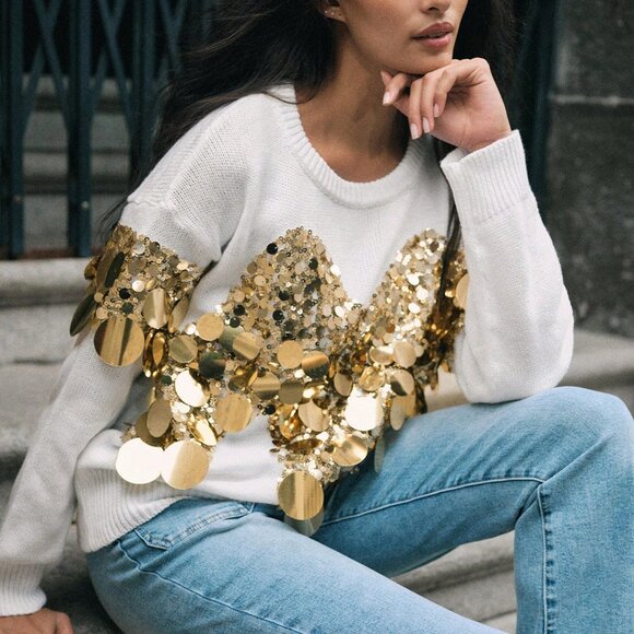 Sequin Patchwork Women's Casual Dropped Shoulder Long Sleeve Sweater - Picture 3 of 7